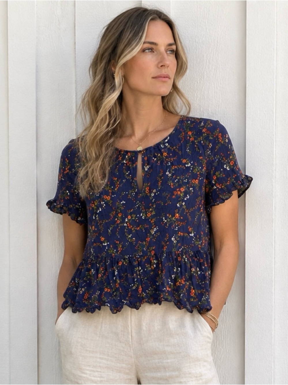 Madewell Navy Floral Ruffle Peplum Blouse